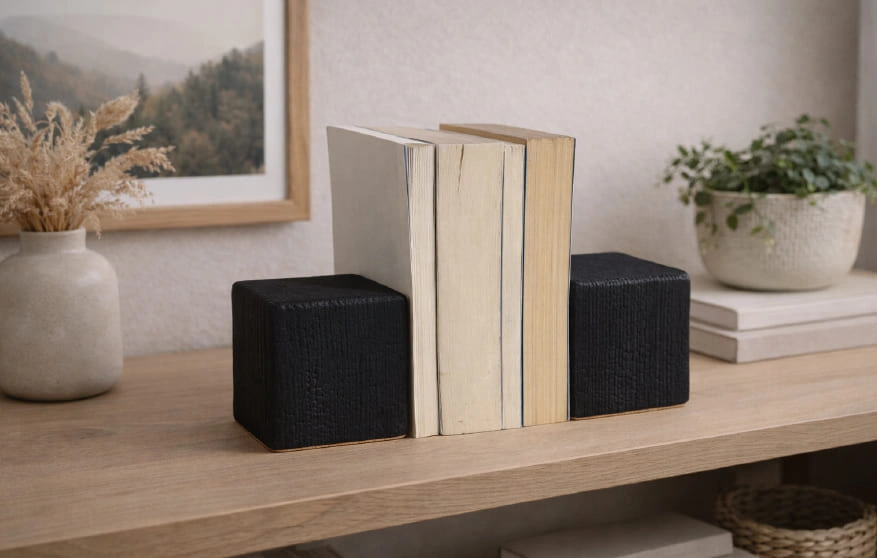 serre-livres bois brûlé cube